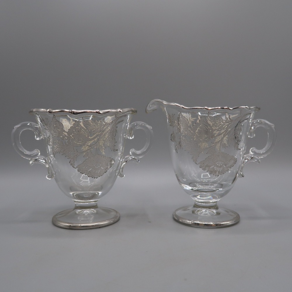 Silver City Flanders Clear Sterling Silver Overlay Open Sugar Bowl and Creamer